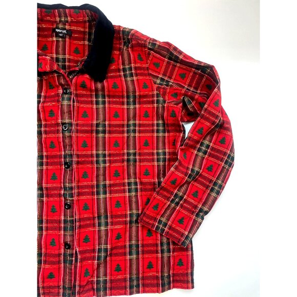 Krazy Kat XXL Red Plaid Christmas Tree Button-Down Shirt Velvet Collar - Picture 2 of 8
